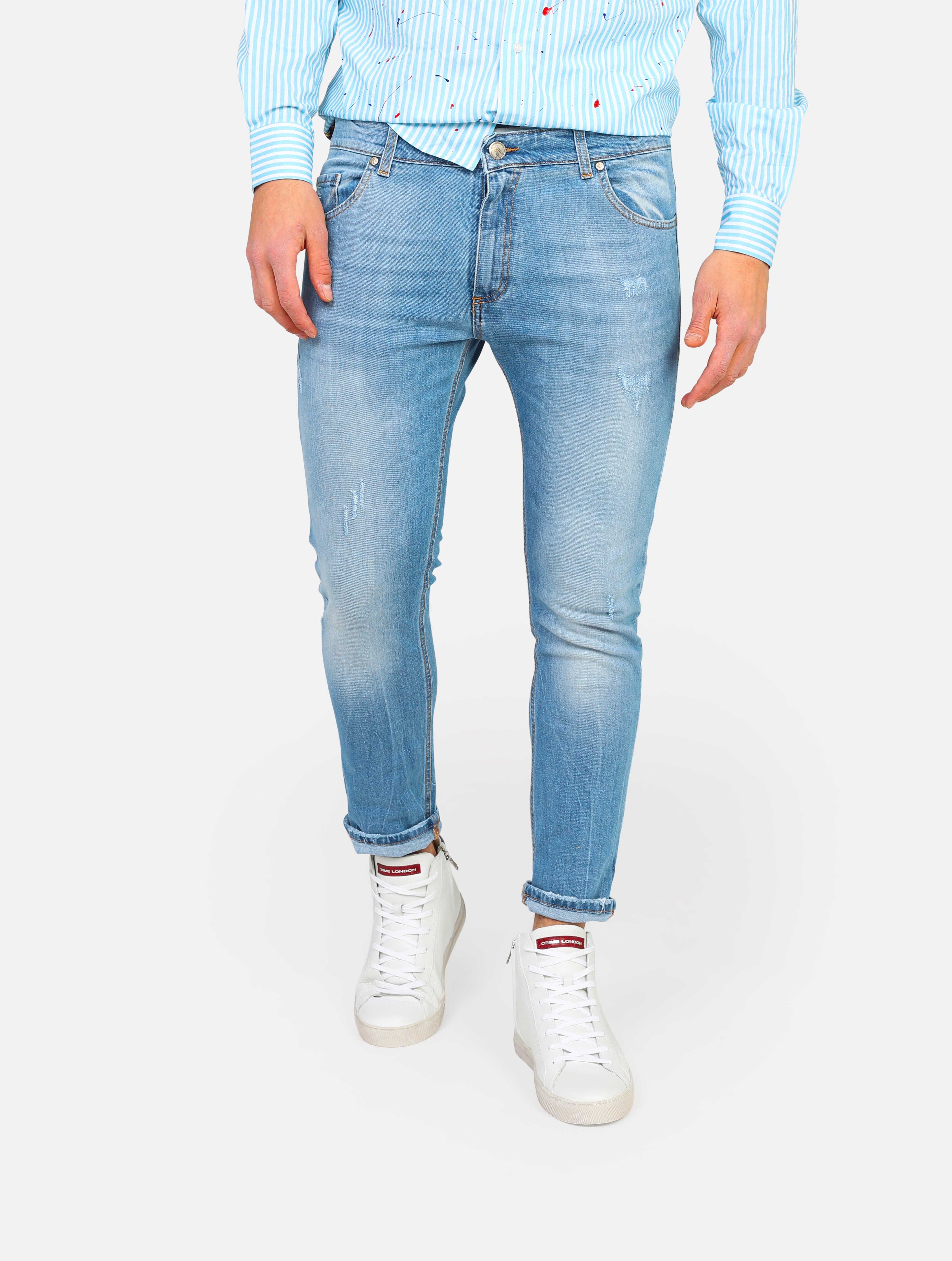 Jeans 5 tasche con tasca patch posteriore in fantasia, piccole lacerazioni -  denim man  - 1